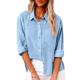 Damen nan oversized Leinen-Baumwollmix Hemdbluse mit Brusttasche und krempelbaren Ärmeln Drune in Himmelblau