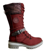 Damen nan gefütterte Schnürstiefel mit gestricktem Schaftbund, dekorativem Schnallenriemen und profilierter Gummisohle Drune in Rot