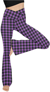 Damen nan taillenhohe Yogahose mit überkreuztem Bund und ausgestelltem Saum mit Schlitz Drune in Lila mit kleinem Karomuster
