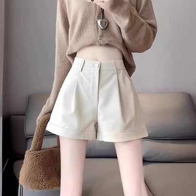 Femme Hochwaist Falten Kunstleder Shorts Heidi-Mode