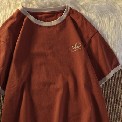 Damen Relaxed Fit Besticktes T-Shirt mit Kontrastbesatz Heidi-Mode