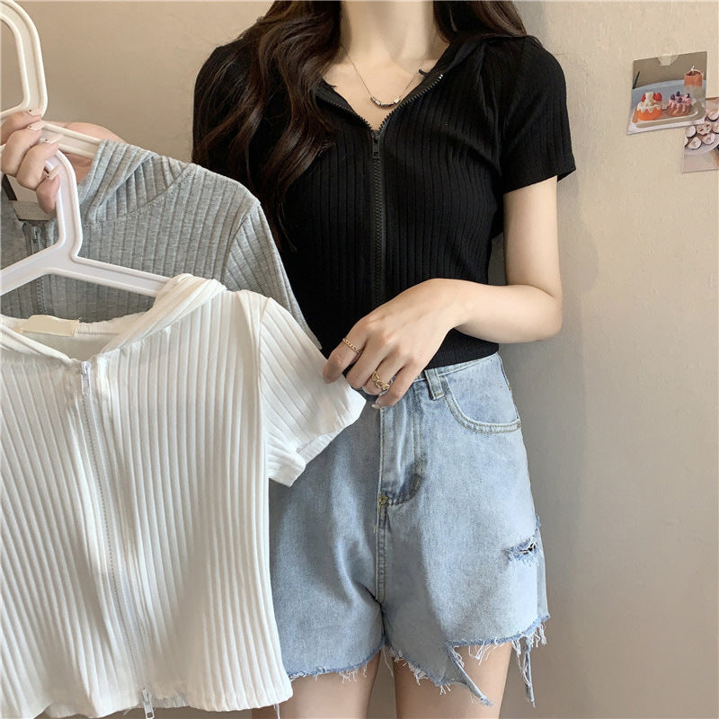 Femme Kurzarm Reißverschluss Hoodie mit geripptem Textur Heidi-Mode