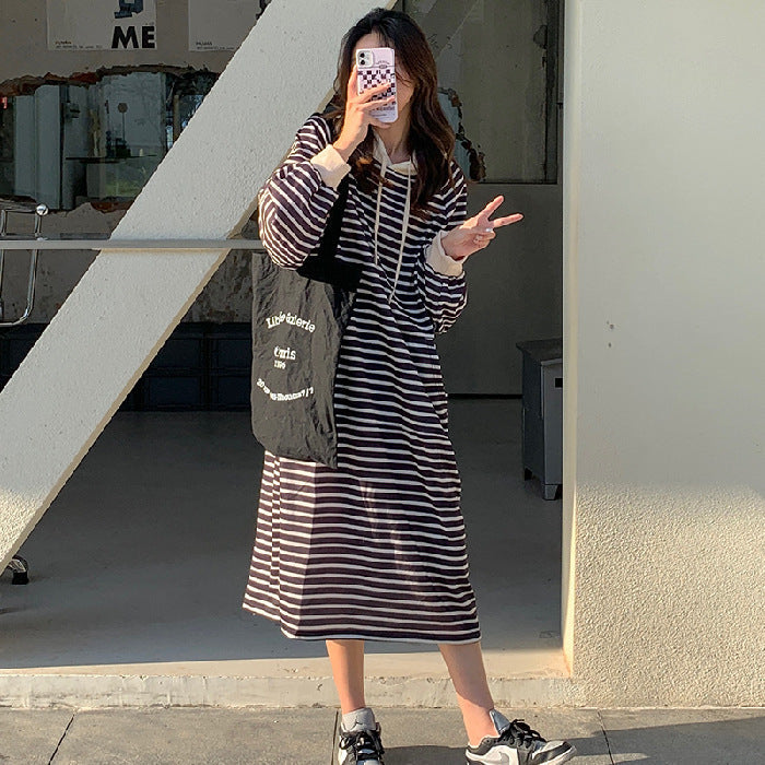 Damen Oversized Kapuzen gestreiftes Kleid Heidi-Mode