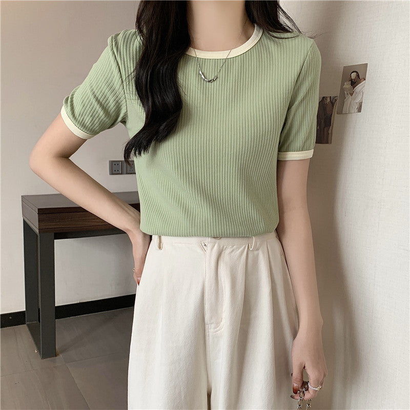 Damen Ripp T-Shirt mit kurzen Ärmeln und Kontrastbesatz Heidi-Mode