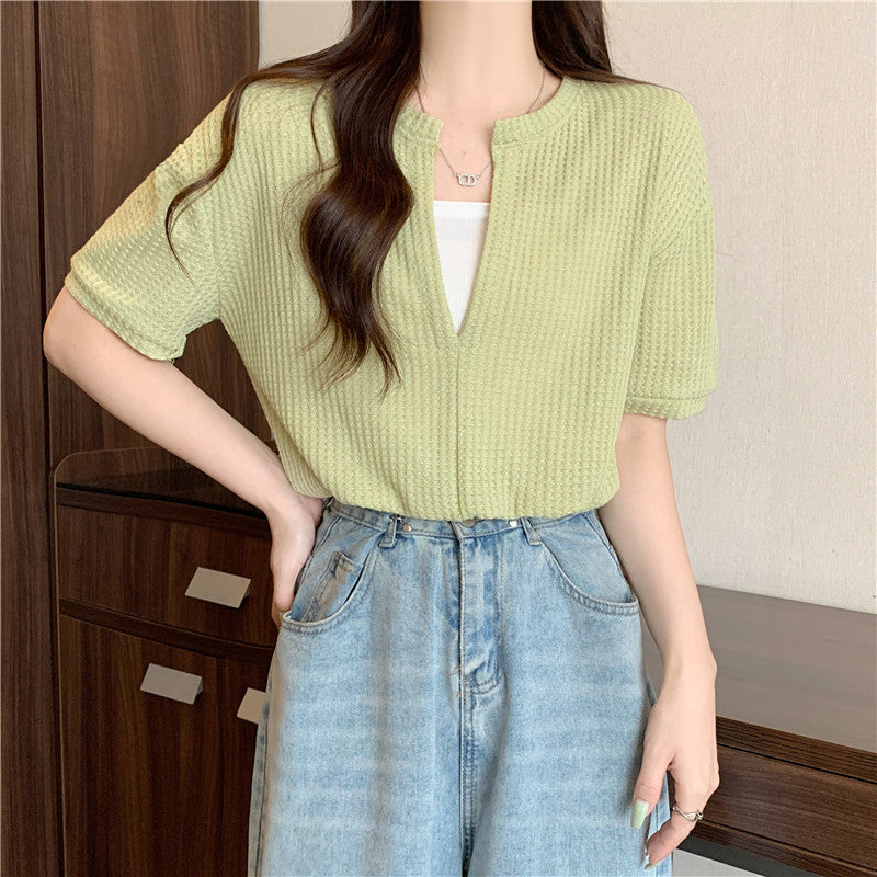 Femme Kurzarm Waffelstricktop mit Knopfdetails Heidi-Mode