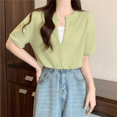 Femme Kurzarm Waffelstricktop mit Knopfdetails Heidi-Mode