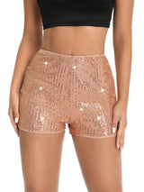 Damen Hochgeschnittene Pailletten Shorts – Glänzender Party Glam Fit in Champagner