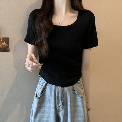 Damen Kurzarm Enges Rippoberteil Heidi-Mode