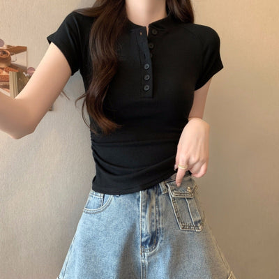 Femme Rippstruktur Knopf-Oben Kurzarmtop Heidi-Mode