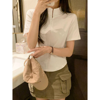 Femme Kurzarm Reißverschluss-Hals Top Heidi-Mode