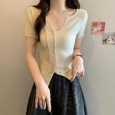 Damen Kurzarm V-Ausschnitt Top mit markantem Nahtdetail Heidi-Mode