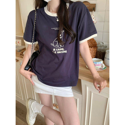 Femme Grafikdruck Freizeit-T-Shirt mit Kontrastbesatz Heidi-Mode