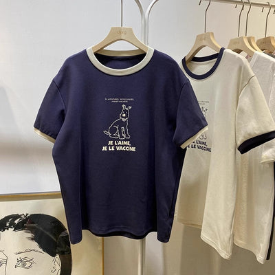 Femme Grafik Kurzarm-T-Shirt mit verspielter Hundillustration Heidi-Mode