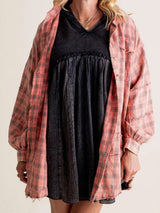 Damen nan oversized Karo-Überhemd mit Fransenbesatz, Brusttaschen und lockerer Passform Drune in Rosa