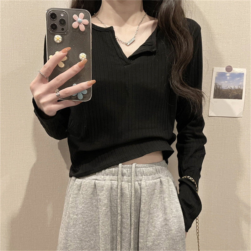 Femme Geripptes Langarm-Henley-Oberteil Heidi-Mode