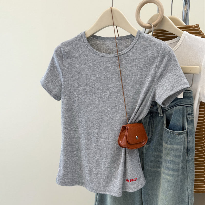 Damen Kurzarm-RippT-Shirt mit subtilen Logo-Details Heidi-Mode