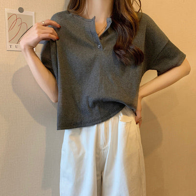 Femme Relaxed Fit Kurzarm Henley Oberteil Heidi-Mode