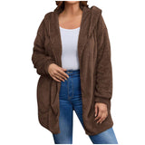 Damen nan kuschelige Teddy-Fleece Kapuzenjacke mit großen Eingrifftaschen und entspannter Silhouette Drune in Braun