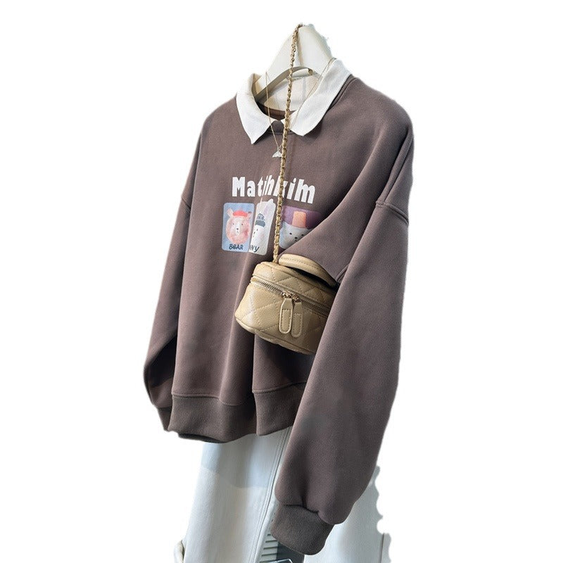 Femme Verspielt Grafisches Sweatshirt mit Kontrastkragen Heidi-Mode