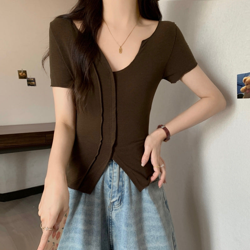 Damen Kurzarm V-Ausschnitt Top mit markantem Nahtdetail Heidi-Mode