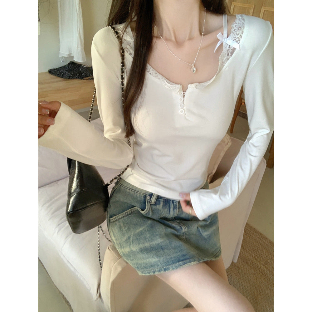 Femme Spitzenverziertes V-Ausschnitt Langarmoberteil Heidi-Mode