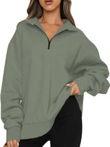 Damen nan Oversized Sweatshirt mit Kurzreißverschluss, Stehkragen und Kängurutasche Drune in Hellgrau