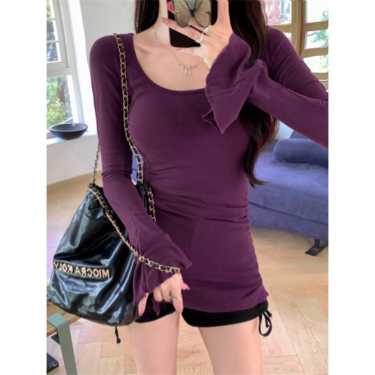 Damen Langarm Enges Oberteil mit Eleganten Ausgestellten Manschetten Heidi-Mode