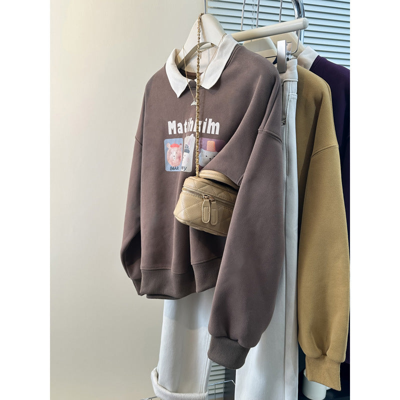 Femme Verspielt Grafisches Sweatshirt mit Kontrastkragen Heidi-Mode