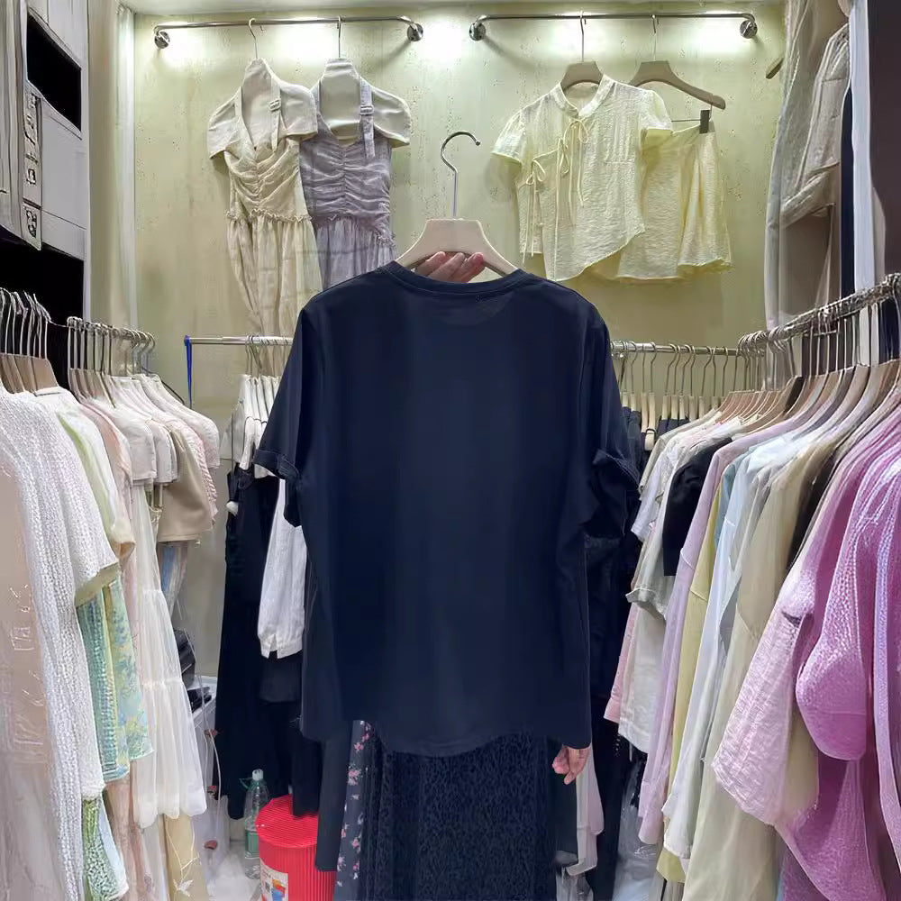 Femme Spitzenverzierte Freizeit-T-Shirt Heidi-Mode