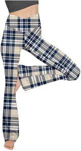 Damen nan taillenhohe Yogahose mit überkreuztem Bund und ausgestelltem Saum mit Schlitz Drune in Apricot (groß/klein Karo)