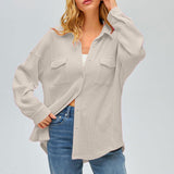 Damen nan oversized Waffelstrick Hemdjacke mit Brusttaschen und Knopfleiste Drune in Cremeweiß