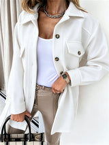 Damen nan oversized Hemdjacke aus Wollmischung mit aufgesetzten Pattentaschen Drune in Weiß