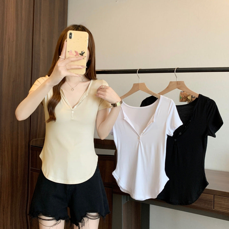 Damen Kurzarm-Polo-Top mit stylischem Knopfverschluss Heidi-Mode