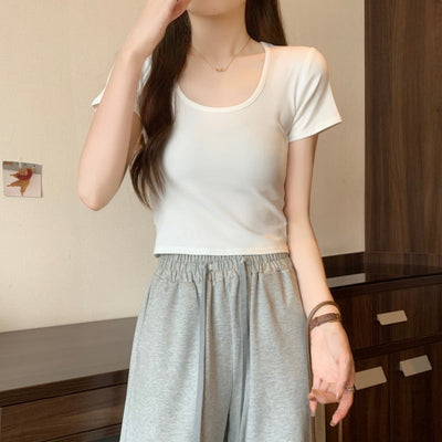 Damen Kurzarm Rundhals Crop Top Heidi-Mode