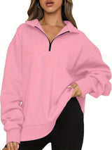 Damen nan Oversized Sweatshirt mit Kurzreißverschluss, Stehkragen und Kängurutasche Drune in Rosa