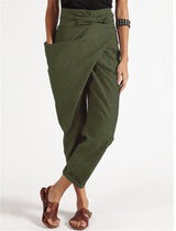 Damen nan Wickelhose aus Leinenmix mit hohem Taillenbund, überlappender Vorderseite und großzügiger Eingrifftasche Drune in Grün