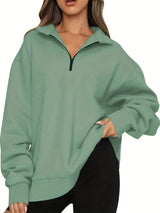 Damen nan Oversized Sweatshirt mit Kurzreißverschluss, Stehkragen und Kängurutasche Drune in Hellgrün