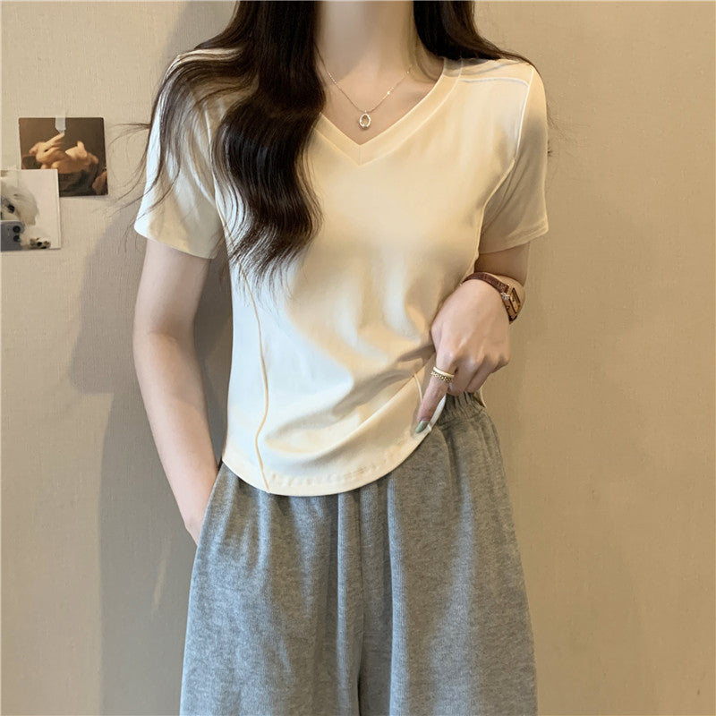 Femme Kurzarm V-Ausschnitt Basic T-Shirt Heidi-Mode