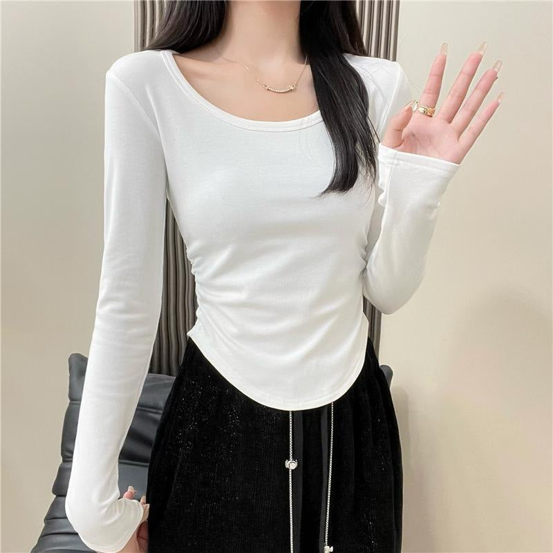 Damen Langarm Fitted Top mit Rundhalsausschnitt Detail Heidi-Mode