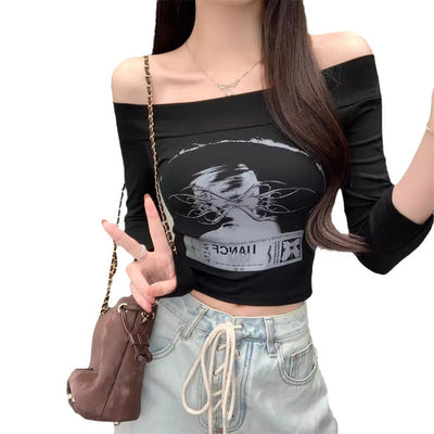 Frau Off-Shoulder Grafik Langarm Top mit Elegante Design Heidi-Mode