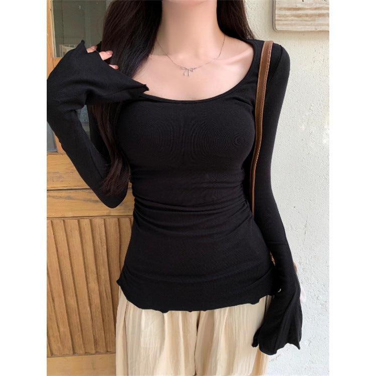 Damen Langarm Enges Oberteil mit Eleganten Ausgestellten Manschetten Heidi-Mode