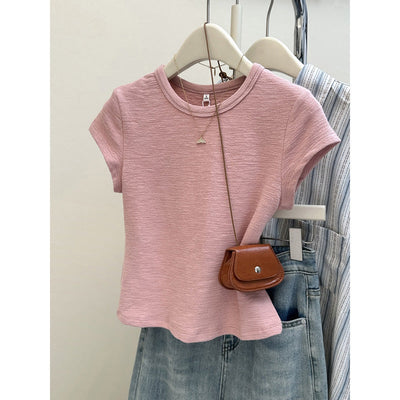 Femme Kurzarm Texturiertes T-Shirt mit Gekürzter Silhouette Heidi-Mode