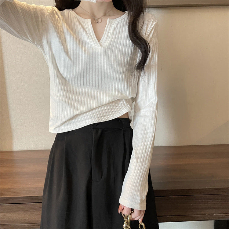 Damen Langarm V-Ausschnitt Ripp-Top Heidi-Mode