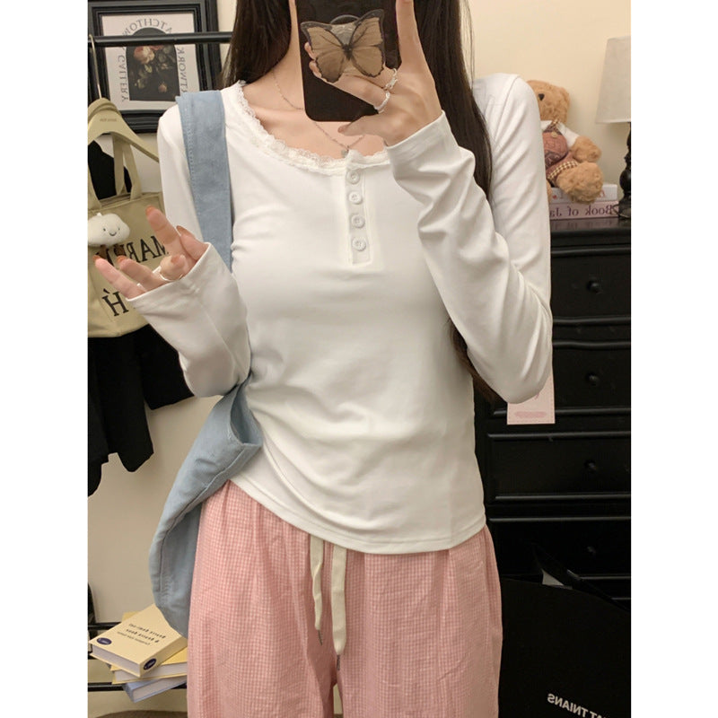 Femme Spitzenbesatz Knopf-Down Langarmoberteil Heidi-Mode