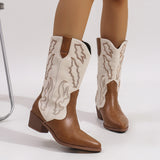 Damen nan Cowboystiefel im Westernstil mit mittelhohem Blockabsatz spitzer Zehenkappe und dekorativer Stickerei Drune in Hellbraun