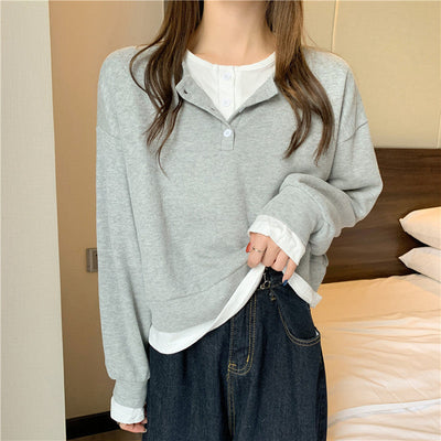 Femme Geschichteter Henley-Stil Pullover Sweatshirt Heidi-Mode