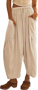 Damen nan weite Palazzohose aus leichtem Leinenmix mit Tunnelzug und seitlicher Tasche Drune in Apricot