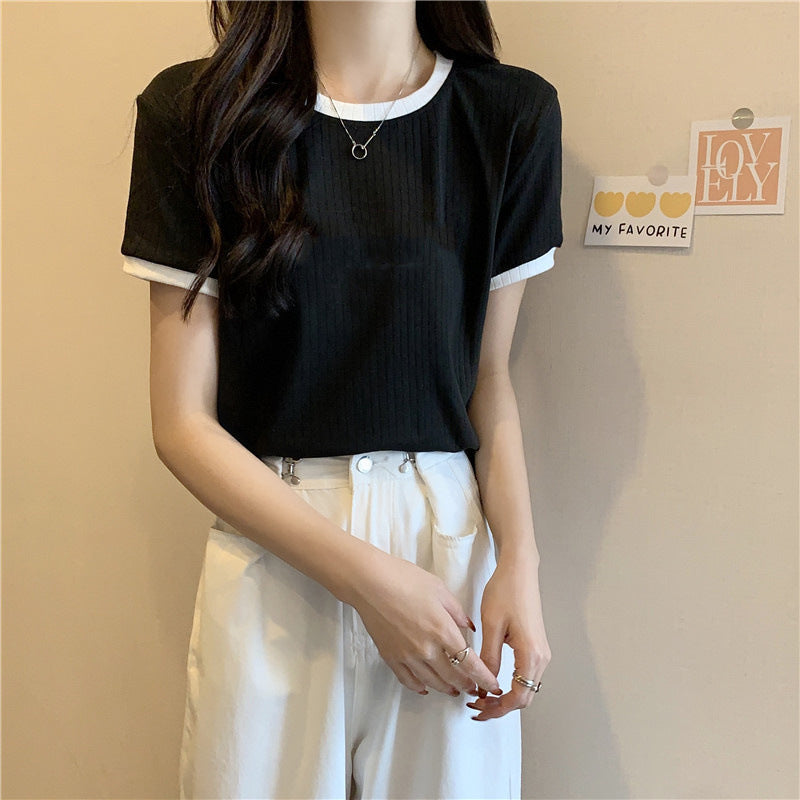 Femme Rippstrick Kontrastbesatz T-Shirt Heidi-Mode