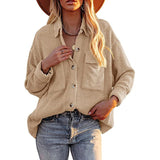 Damen nan lässige Strick-Shacket mit Cordstruktur Hemdkragen und aufgesetzten Brusttaschen Drune in Khaki