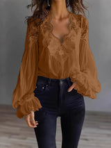 Damen Bluse Mit Langen Puffärmeln Und Spitze – Elegantes Vintage Oberteil in Dunkelbraun